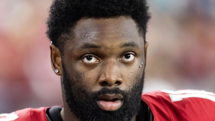 Nov 23, 2025; Glendale, Arizona, USA; Arizona Cardinals linebacker Josh Sweat (10) against the Jacksonville Jaguars at State Farm Stadium. Mandatory Credit: Mark J. Rebilas-Imagn Images