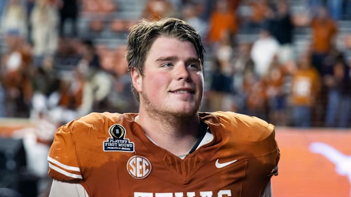 Dec 21, 2024; Austin, Texas, USA; Texas Longhorns offensive lineman Cole Hutson (54) against the Clemson Tigers during the CFP National playoff first round at Darrell K Royal-Texas Memorial Stadium. Mandatory Credit: Mark J. Rebilas-Imagn Images