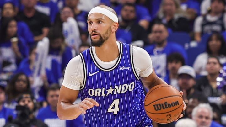 Apr 27, 2026; Orlando, Florida, USA; Orlando Magic guard Jalen Suggs (4) brings the ball up court during the second half against the Detroit Pistons during game four of the first round of the 2026 NBA Playoffs at Kia Center. Mandatory Credit: Mike Watters-Imagn Images