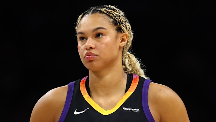 Sep 9, 2025; Phoenix, Arizona, USA; Phoenix Mercury forward Satou Sabally (0) against the Los Angeles Sparks during the second half of a WNBA game at PHX Arena. Mandatory Credit: Mark J. Rebilas-Imagn Images