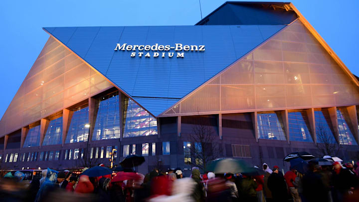 A general view of the exterior of Mercedes-Benz Stadium in Atlanta. A general view of the exterior of Mercedes-Benz Stadium in Atlanta.