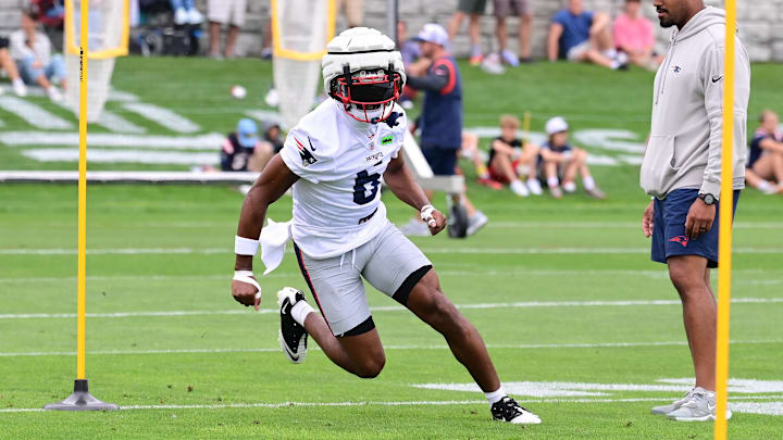 Jul 24, 2024; Foxborough, MA, USA;  New England Patriots wide receiver Javon Baker (6) runs through a drill during training camp at Gillette Stadium. Mandatory Credit: Eric Canha-USA TODAY Sports