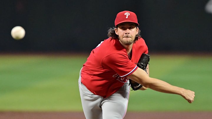 Jun 15, 2023; Phoenix, Arizona, USA;  Philadelphia Phillies starting pitcher Aaron Nola (27) throws