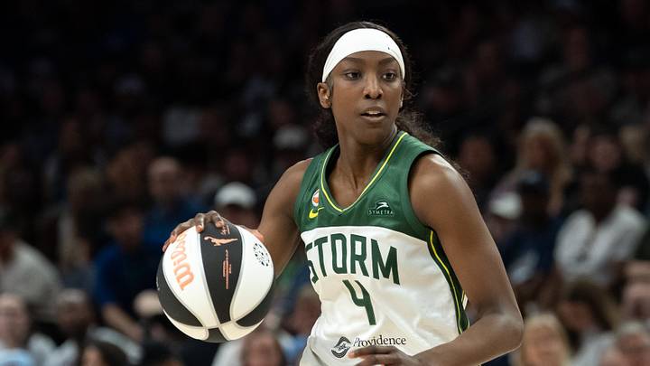 Jun 6, 2026; Minneapolis, Minnesota, USA; Seattle Storm guard Flau'jae Johnson (4) dribbles the ball against the Minnesota Lynx in the second half at Target Center. Mandatory Credit: Jesse Johnson-Imagn Images