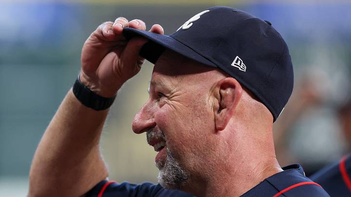 Sep 19, 2026; Houston, Texas, USA;  Atlanta Braves manager Walt Weiss (22) reacts before the game against the Houston Astros at Daikin Park.  Mandatory Credit: Thomas Shea-Imagn Images