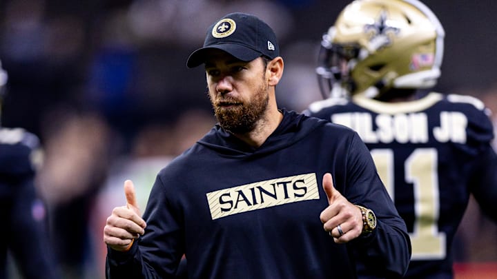 Sep 8, 2024; New Orleans, Louisiana, USA;  New Orleans Saints offensive coordinator Klint Kubiak reacts against the Carolina Panthers during the pregame at Caesars Superdome. Mandatory Credit: Stephen Lew-Imagn Images