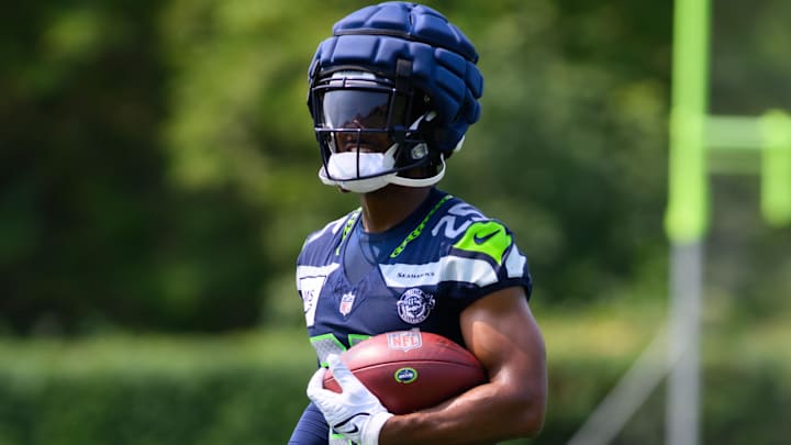 Jul 27, 2024; Renton, WA, USA; Seattle Seahawks running back Kenny McIntosh (25) during training camp at Virginia Mason Athletic Center.