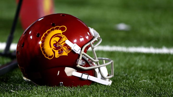 Oct 11, 2014; Tucson, AZ, USA; Detailed view of a Southern California Trojans helmet during the game