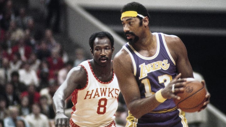 Unknown date; Atlanta, GA, USA; FILE PHOTO; Los Angeles Lakers center Wilt Chamberlain (13) is defended by Atlanta Hawks center Walt Bellamy (8)