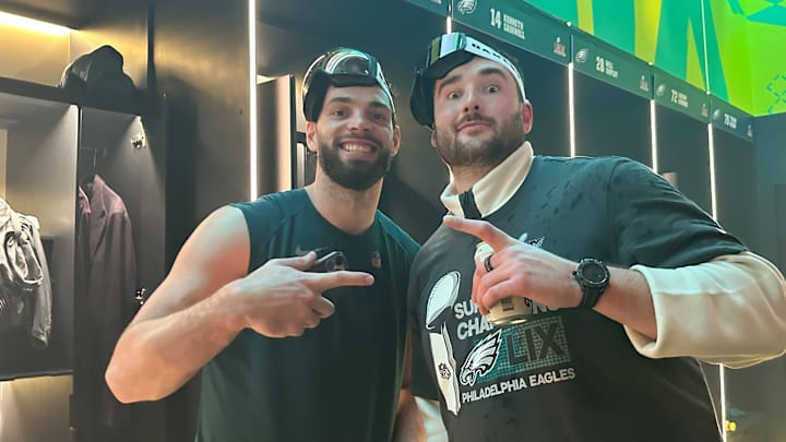 Dallas Goedert (left) and Jack Driscoll celebrate winning Super Bowl LIX in New Orleans on Feb. 9. Dallas Goedert (left) and Jack Driscoll celebrate winning Super Bowl LIX in New Orleans on Feb. 9.