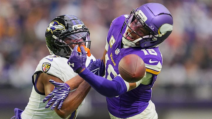 Nov 9, 2025; Minneapolis, Minnesota, USA; Baltimore Ravens cornerback Chidobe Awuzie (3) is called for pass interference against Minnesota Vikings wide receiver Justin Jefferson (18) in the fourth quarter at U.S. Bank Stadium. Mandatory Credit: Brad Rempel-Imagn Images