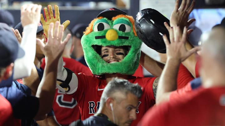 Sep 19, 2025; Tampa, Florida, USA;  Boston Red Sox outfielder Jarren Duran (16) is congratulated after hitting a two-run home run during the seventh inning against the Tampa Bay Rays at George M. Steinbrenner Field. Mandatory Credit: Kim Klement Neitzel-Imagn Images