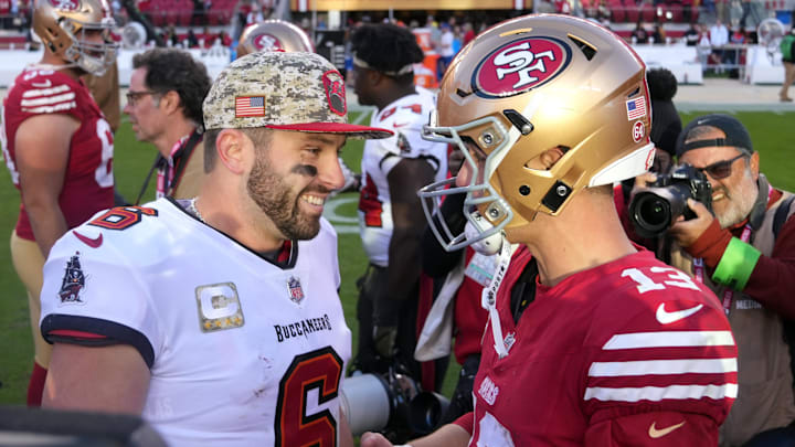 Nov 19, 2023; Santa Clara, California, USA; Tampa Bay Buccaneers quarterback Baker Mayfield (6) and San Francisco 49ers quarterback Brock Purdy (13) talks after the game at Levi's Stadium. Mandatory Credit: Darren Yamashita-Imagn Images Nov 19, 2023; Santa Clara, California, USA; Tampa Bay Buccaneers quarterback Baker Mayfield (6) and San Francisco 49ers quarterback Brock Purdy (13) talks after the game at Levi's Stadium. Mandatory Credit: Darren Yamashita-Imagn Images