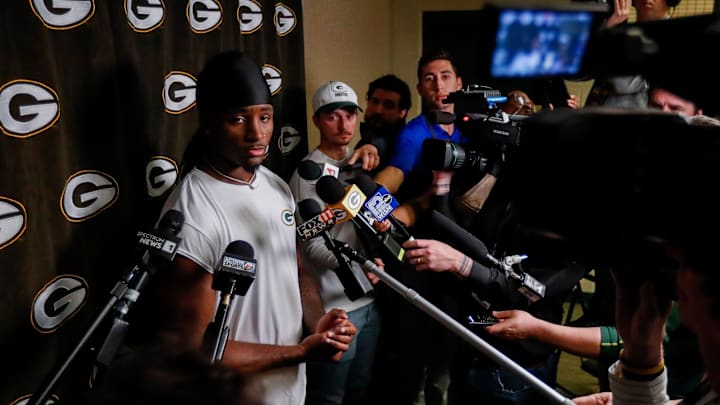 Green Bay Packers rookie wide receiver Savion Williams is interviewed by the media during rookie minicamp on Friday, May 2, 2025, at Lambeau Field in Green Bay, Wisconsin. The Packers selected Williams with their third round pick in the 2025 NFL Draft.
Tork Mason/USA TODAY NETWORK-Wisconsin