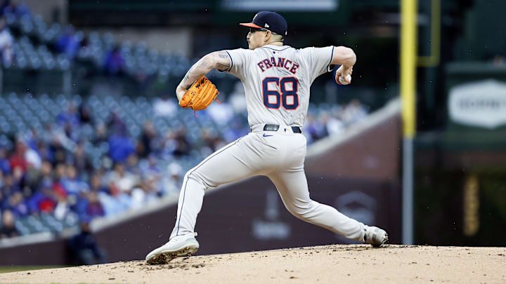 Apr 23, 2024; Chicago, Illinois, USA; Houston Astros starting pitcher J.P. France (68) delivers a pitch against the Chicago Cubs during the first inning at Wrigley Field. Mandatory Credit: Kamil Krzaczynski-Imagn Images Apr 23, 2024; Chicago, Illinois, USA; Houston Astros starting pitcher J.P. France (68) delivers a pitch against the Chicago Cubs during the first inning at Wrigley Field. Mandatory Credit: Kamil Krzaczynski-Imagn Images