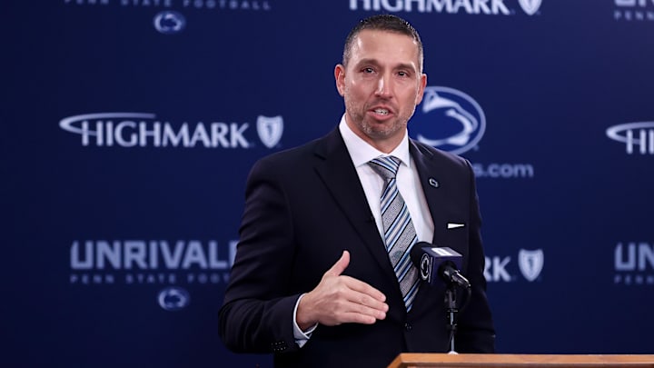Penn State Nittany Lions coach Matt Campbell talks to the media during a press conference at Beaver Stadium. 