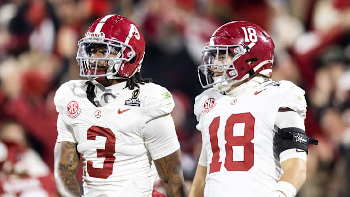 Dec 19, 2025; Norman, OK, USA; Alabama Crimson Tide defensive back Keon Sabb (3) and defensive back Bray Hubbard (18) against the Oklahoma Sooners during the CFP National Playoff First Round at Gaylord Family Oklahoma Memorial Stadium. Mandatory Credit: Mark J. Rebilas-Imagn Images
