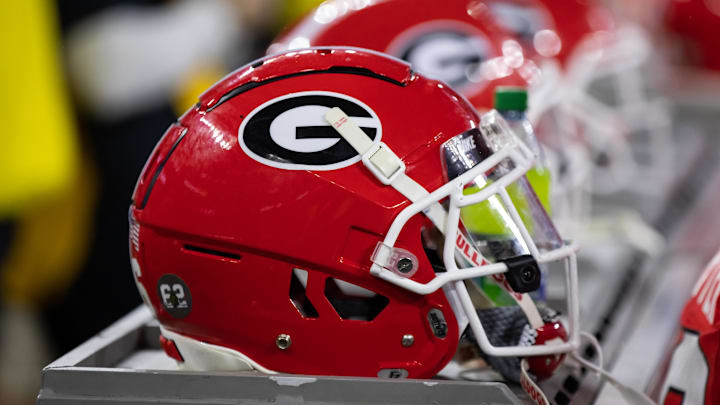 Jan 9, 2023; Inglewood, CA, USA; Detailed view of a Georgia Bulldogs helmet during the CFP national championship game at SoFi Stadium. Mandatory Credit: Mark J. Rebilas-Imagn Images Jan 9, 2023; Inglewood, CA, USA; Detailed view of a Georgia Bulldogs helmet during the CFP national championship game at SoFi Stadium. Mandatory Credit: Mark J. Rebilas-Imagn Images