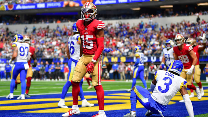 Sep 22, 2024; Inglewood, California, USA; San Francisco 49ers wide receiver Jauan Jennings (15) celebrates his touchdown scored against the Los Angeles Rams during the first half at SoFi Stadium. Mandatory Credit: Gary A. Vasquez-Imagn Images
