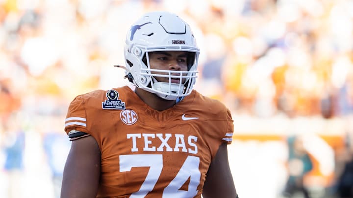 Dec 21, 2024; Austin, Texas, USA; Texas Longhorns offensive lineman Trevor Goosby (74) against the Clemson Tigers during the CFP National playoff first round at Darrell K Royal-Texas Memorial Stadium. Mandatory Credit: Mark J. Rebilas-Imagn Images