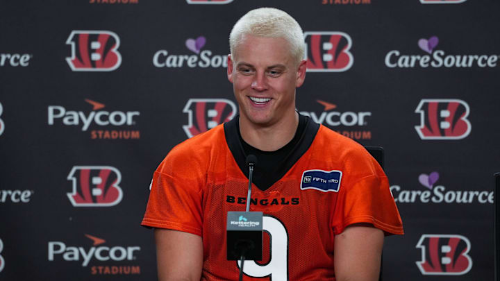 Bengals Joe Burrow speaks at a press conference following the first day of Bengals Training Camp on Wednesday July 24, 2024.