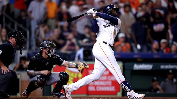 Mar 31, 2023; Houston, Texas, USA; Houston Astros designated hitter Yordan Alvarez (44) hits a
