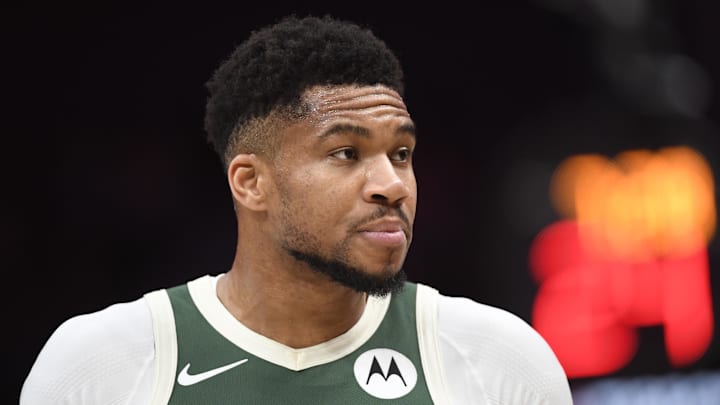 Dec 29, 2025; Charlotte, North Carolina, USA; Milwaukee Bucks forward Giannis Antetokounmpo (34) in a time out during the first half agains the Charlotte Hornets at the Spectrum Center. Mandatory Credit: Sam Sharpe-Imagn Images Dec 29, 2025; Charlotte, North Carolina, USA; Milwaukee Bucks forward Giannis Antetokounmpo (34) in a time out during the first half agains the Charlotte Hornets at the Spectrum Center. Mandatory Credit: Sam Sharpe-Imagn Images