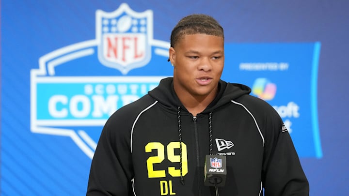 Feb 25, 2026; Indianapolis, IN, USA; Clemson defensive lineman Peter Woods (DL29) speaks during the NFL Scouting Combine at the Indiana Convention Center. Mandatory Credit: Kirby Lee-Imagn Images