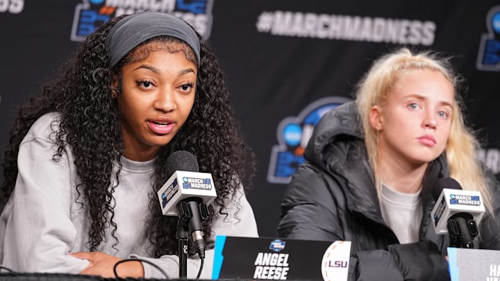 LSU Lady Tigers forward Angel Reese (10) and LSU Lady Tigers guard Hailey Van Lith (11) take questions from the media at MVP Arena, Sunday, March 31, 2024 in Albany, N.Y. LSU Lady Tigers forward Angel Reese (10) and LSU Lady Tigers guard Hailey Van Lith (11) take questions from the media at MVP Arena, Sunday, March 31, 2024 in Albany, N.Y.