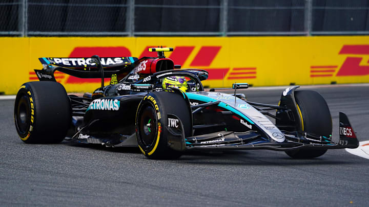 May 3, 2024; Miami Gardens, Florida, USA; Mercedes driver Lewis Hamilton (44) races out of turn 17 May 3, 2024; Miami Gardens, Florida, USA; Mercedes driver Lewis Hamilton (44) races out of turn 17
