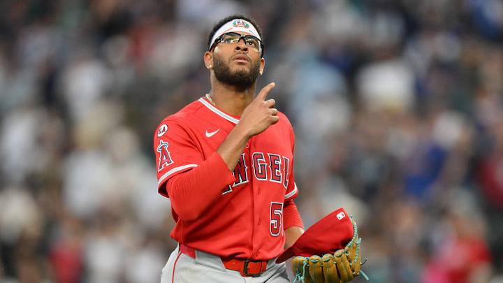 Jul 2, 2026; Seattle, Washington, USA; Los Angeles Angels starting pitcher Walbert Urena (57) walks off the field after being pulled from the game during the sixth inning against the Seattle Mariners at T-Mobile Park. Mandatory Credit: Steven Bisig-Imagn Images