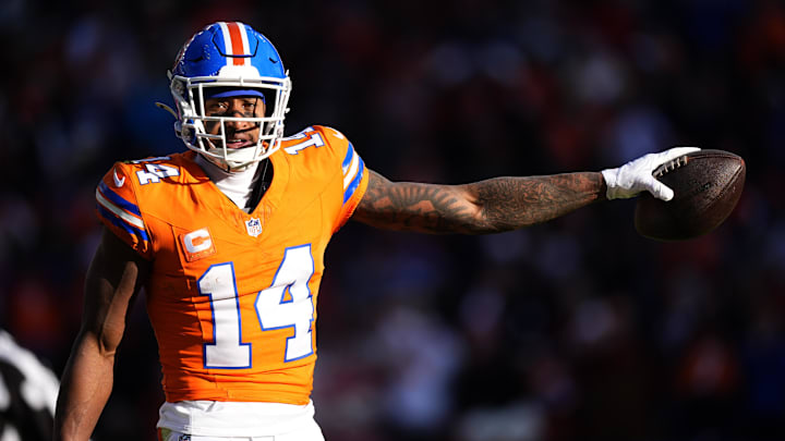 Jan 5, 2025; Denver, Colorado, USA; Denver Broncos wide receiver Courtland Sutton (14) following a first down reception in the first quarter against the Kansas City Chiefs at Empower Field at Mile High.