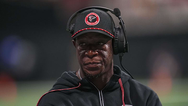 Sep 22, 2024; Atlanta, Georgia, USA; Atlanta Falcons head coach Raheem Morris on the sideline against the Kansas City Chiefs during the second half at Mercedes-Benz Stadium. Mandatory Credit: Dale Zanine-Imagn Images