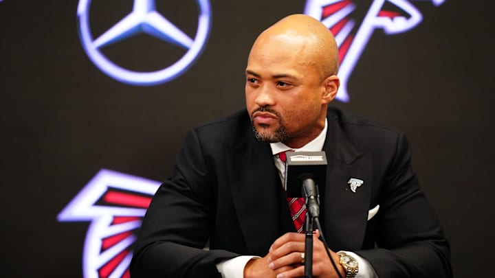 Feb 5, 2024; Atlanta, GA, USA; Atlanta Falcons general manager Terry Fontenot  addresses the media as Raheem Morris is introduced as the new head coach of the Atlanta Falcons at Mercedes-Benz Stadium. Mandatory Credit: John David Mercer-Imagn Images