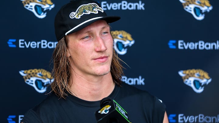 Jul 23, 2025; Jacksonville, FL, USA; Jacksonville Jaguars quarterback Trevor Lawrence (16) talks to media after training camp at Miller Electric Center. Mandatory Credit: Nathan Ray Seebeck-Imagn Images