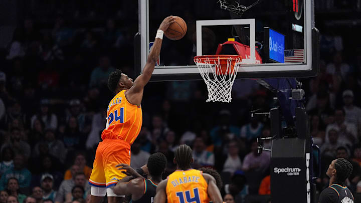 Apr 10, 2026; Charlotte, North Carolina, USA; Charlotte Hornets forward Brandon Miller (24) makes a slam dunk during first quarter against the Detroit Pistons at Spectrum Center. Mandatory Credit: Jim Dedmon-Imagn Images