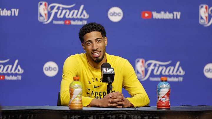 Jun 4, 2025; Oklahoma City, OK, USA; Indiana Pacers guard Tyrese Haliburton (0) during NBA Finals Media Day at Paycom Center. Mandatory Credit: Alonzo Adams-Imagn Images