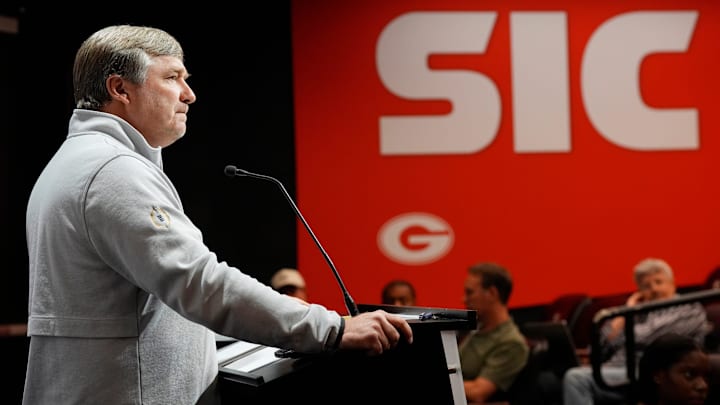 Georgia coach Kirby Smart speaks to the media on the first day of spring practice in Athens, Ga., on Tuesday, March 11, 2025.