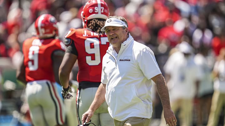 Apr 12, 2025; Athens, GA, USA; Georgia Bulldogs head coach Kirby Smart shown during the Georgia Spring game at Sanford Stadium. Mandatory Credit: Dale Zanine-Imagn Images