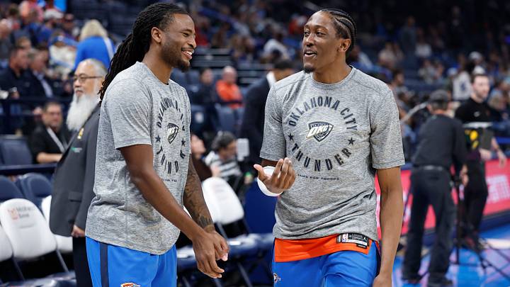 Nov 8, 2024; Oklahoma City, Oklahoma, USA; Oklahoma City Thunder guard Cason Wallace (22) and forward Jalen Williams (8) before the start of a game against the Houston Rockets at Paycom Center. Mandatory Credit: Alonzo Adams-Imagn Images Nov 8, 2024; Oklahoma City, Oklahoma, USA; Oklahoma City Thunder guard Cason Wallace (22) and forward Jalen Williams (8) before the start of a game against the Houston Rockets at Paycom Center. Mandatory Credit: Alonzo Adams-Imagn Images