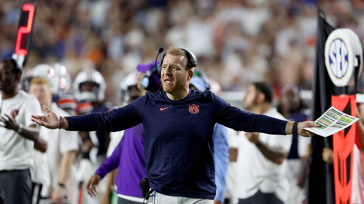 Sep 19, 2026; Auburn, Alabama, USA;  Auburn Tigers Alex Golesh reacts to a call during the third quarter against the Florida Gators at Jordan-Hare Stadium.  Mandatory Credit: John Reed-Imagn Images