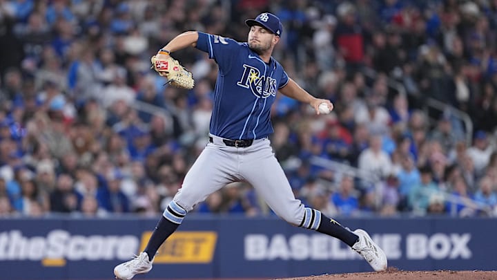 May 12, 2026; Toronto, Ontario, CAN; Tampa Bay Rays starting pitcher Shane McClanahan (18) throws a pitch against the Toronto Blue Jays during the first inning at Rogers Centre. May 12, 2026; Toronto, Ontario, CAN; Tampa Bay Rays starting pitcher Shane McClanahan (18) throws a pitch against the Toronto Blue Jays during the first inning at Rogers Centre.