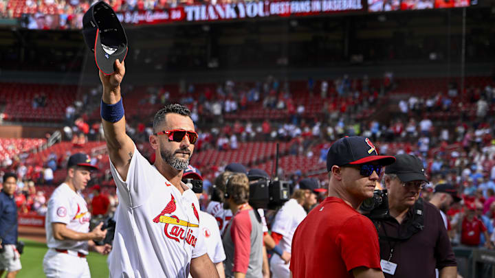 Sep 22, 2024; St. Louis, Missouri, USA;  St. Louis Cardinals designated hitter Matt Carpenter (13) salute their fans after their final home game of the season and a victory over the Cleveland Guardians at Busch Stadium. Mandatory Credit: Jeff Curry-Imagn Images