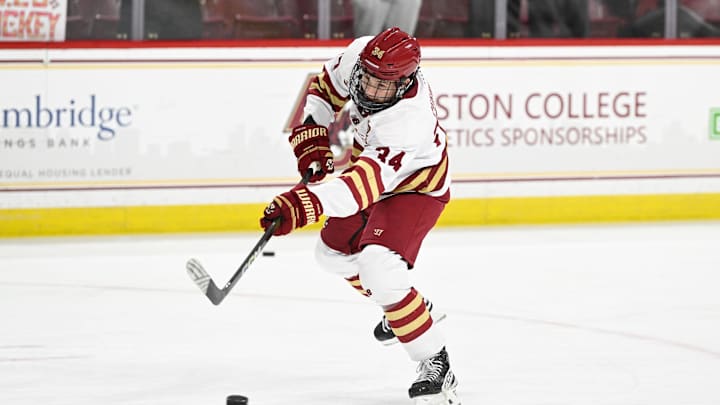 Feb 28, 2025; Chestnut Hill, MA, USA; Boston College forward Gabe Perreault (34) warms up before a game against the University of New Hampshire Wildcats at Conte Forum. Mandatory Credit: Eric Canha-Imagn Images