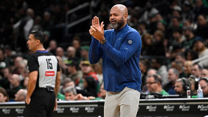 Dec 12, 2024; Boston, Massachusetts, USA; Detroit Pistons head coach J.B. Bickerstaff reacts to game action against the Boston Celtics during the first half at TD Garden. Mandatory Credit: Eric Canha-Imagn Images
