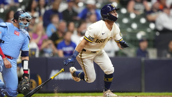 Apr 14, 2026; Milwaukee, Wisconsin, USA;  Milwaukee Brewers right fielder Sal Frelick (10) singles during the third inning against the Toronto Blue Jays at American Family Field. Mandatory Credit: Jeff Hanisch-Imagn Images