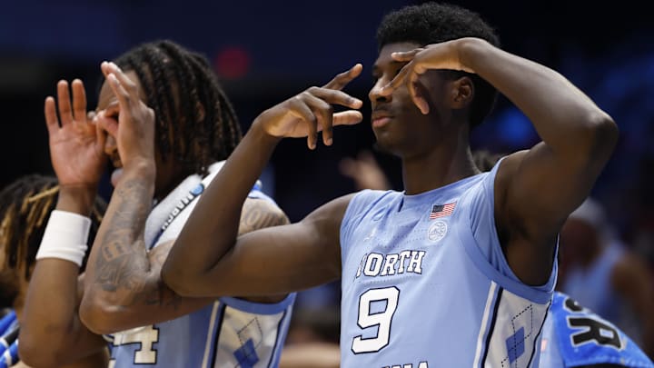 Mar 18, 2025; Dayton, OH, USA; North Carolina Tar Heels guard Drake Powell (9) reacts in the second half against the San Diego State Aztecs  at UD Arena. Mandatory Credit: Rick Osentoski-Imagn Images