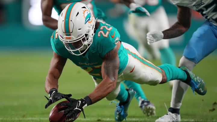 Elijah Campbell recovers a muffed punt against the Tennessee Titans during the second half at Hard Rock Stadium in December 2023. Elijah Campbell recovers a muffed punt against the Tennessee Titans during the second half at Hard Rock Stadium in December 2023.
