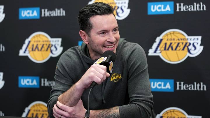 Feb 20, 2026; Los Angeles, California, USA; Los Angeles Lakers head coach JJ Redick at a press conference at the Crypto.com Arena. Mandatory Credit: Kirby Lee-Imagn Images