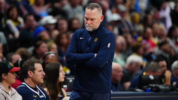 Apr 6, 2025; Denver, Colorado, USA; Denver Nuggets head coach Michael Malone during the third quarter against the Indiana Pacers at Ball Arena. Mandatory Credit: Ron Chenoy-Imagn Images